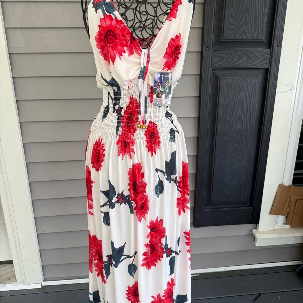 Floral Maxi Dress with Red and White Design